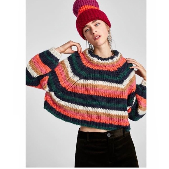 Zara Striped Slouchy Chunky Knit Balloon Sleeve Crop Sweater Retro Boho Small - Picture 12 of 12